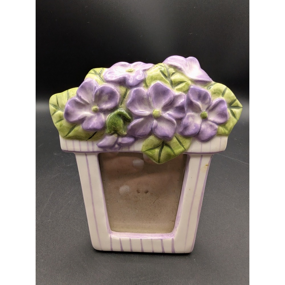 Vintage Miniature Porcelain Purple Flower Pot Photo Picture Frame Easel Glass